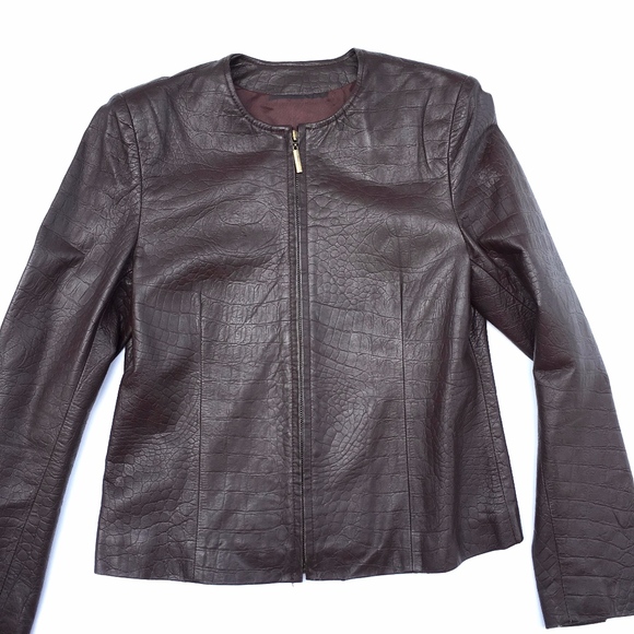 Cynthia Steffe New York Brown Leather Mock Croc Zip Front Crop Jacket Vintage - Picture 3 of 8
